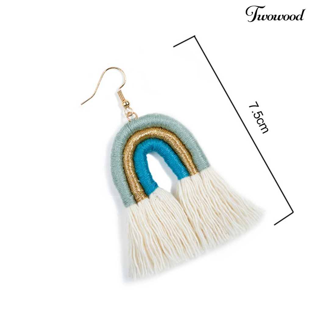 Twowood 1pasang Anting Pelangi Bohemian Menarik Hias Lapis Rumbai Rainbow Hook Menjuntai Earrings Untuk Kehidupan Sehari-Hari