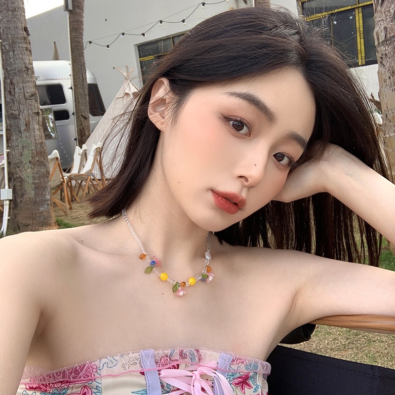 Roselife Korea Musim Panas Trendi Tahan Air Resin Manik-Manik Orange Tulip Pendek Kalung Wanita Perempuan Indah Liburan Liburan Liburan Bunga Kalung Choker Fashion Tulang Selangka Rantai Perhiasan