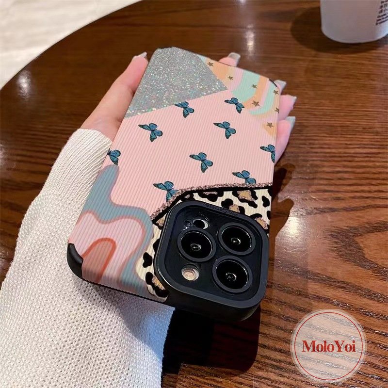 IPHONE Tekstur Retro Butterfly Phone Case Kompatibel Untuk Iphone7 8 Plus 11 12 13 14 Pro MAX XR X XS MAX 7Plus Mewah Kulit Leopard Bling Jahitan Kontras Shockproof Tpu Soft Cover