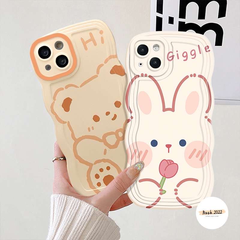 Case OPPO A17 A12 A78 A5 A9 A17K A15 A55 A16K A54s A95 A58 A57 A16 A3s A96 A5s A74 A16s A54 A76 A52 A7 A1k A53 Reno 8T 7 6 A77s A77 Kartun Beruang Kelinci Lucu Lembut Bergelombang Sarung Tepi