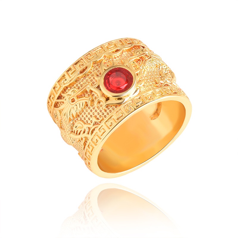 Goldkingdom Aksesoris Perhiasan Fashion Ready Stock Cincin Naga Lapis Emas Double Dragon Play Mutiara Ruby