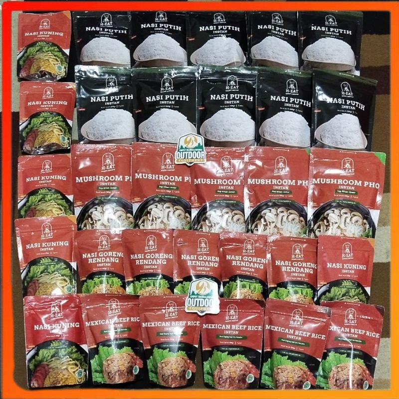 

NEW PRODUCT Makanan Instan H EAT Makanan Gunung Nasi Putih, Nasi Kuning, Mashroom Pho, Nasi Goreng Rendang