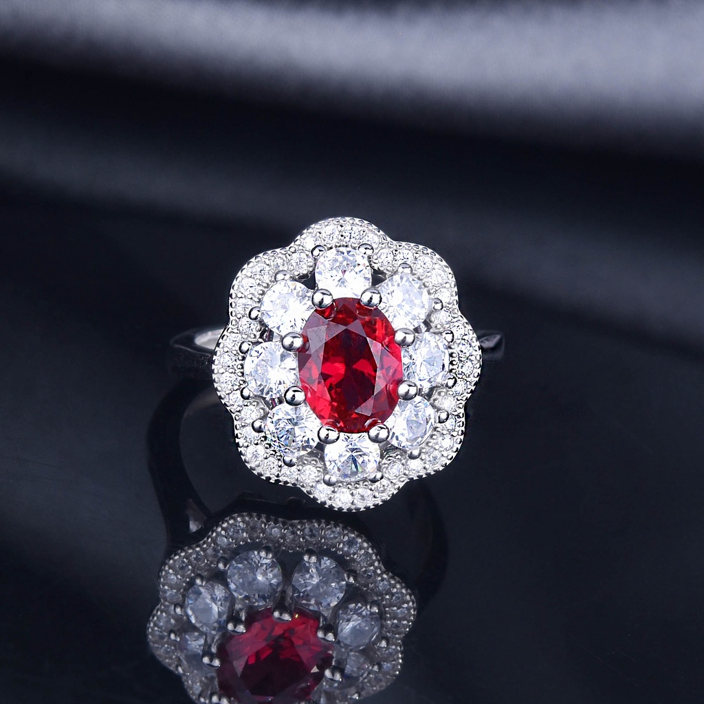 Goldkingdom Aksesoris Perhiasan Fashion Ready Stock Ruby Set Dengan Berlian Terbuka Cincin Kalung Liontin Perak Ear Studs
