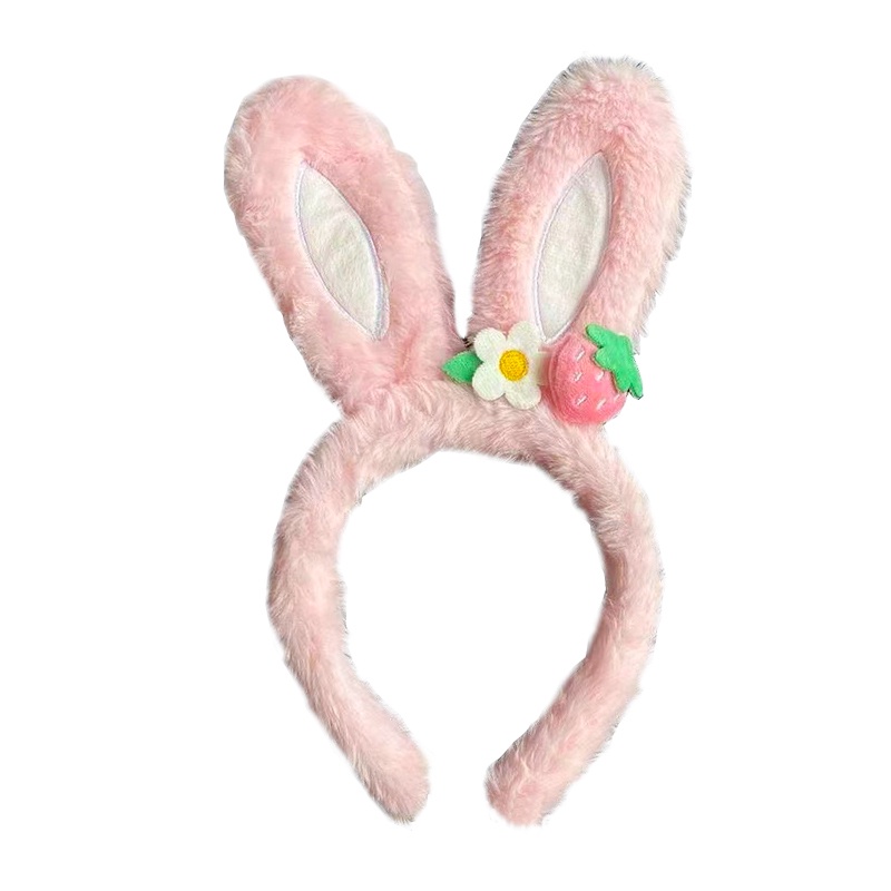 Cute Strawberry Flower Rabbit Ear Hair Band Wanita Plush Aksesoris Rambut Anak - SG