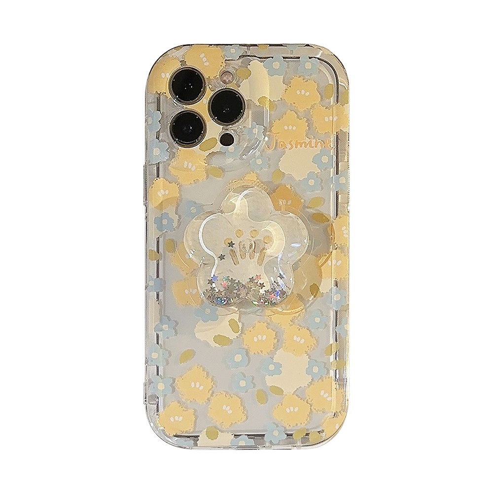 IPHONE Korea Yellow Flaxen Flowers Silicone Case Dengan Holder Kuning Untuk Iphone14 11 12 13 PRO MAX Casing Cover Pelindung AT0298