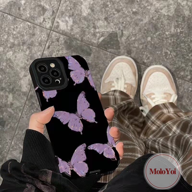 Casing Ponsel Tekstur Kulit Mewah Kompatibel Untuk IPhone XR XS X Max8 7 Plus 11 14 13 12 Pro Max 11 Pro Max 7Plus Retro Fantasi Ungu Kupu-Kupu Silikon Lembut Tpu Shockproof Cover