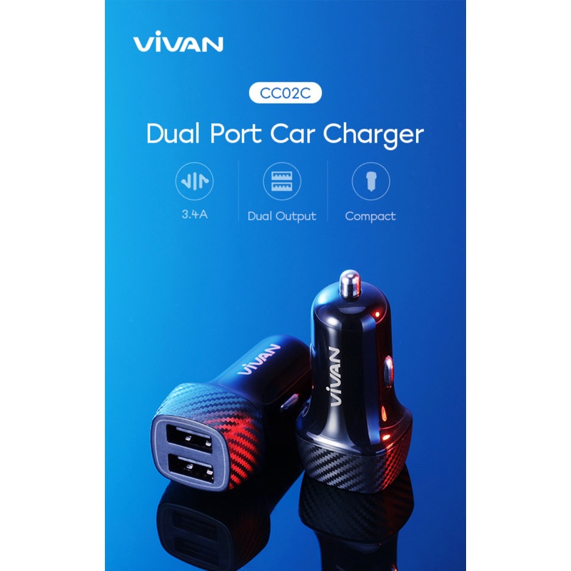 Car Charger VIVAN CC02C 3.4A Dual USB Smart IC Quick Charging Mobil Original Garansi Resmi 1 Tahun