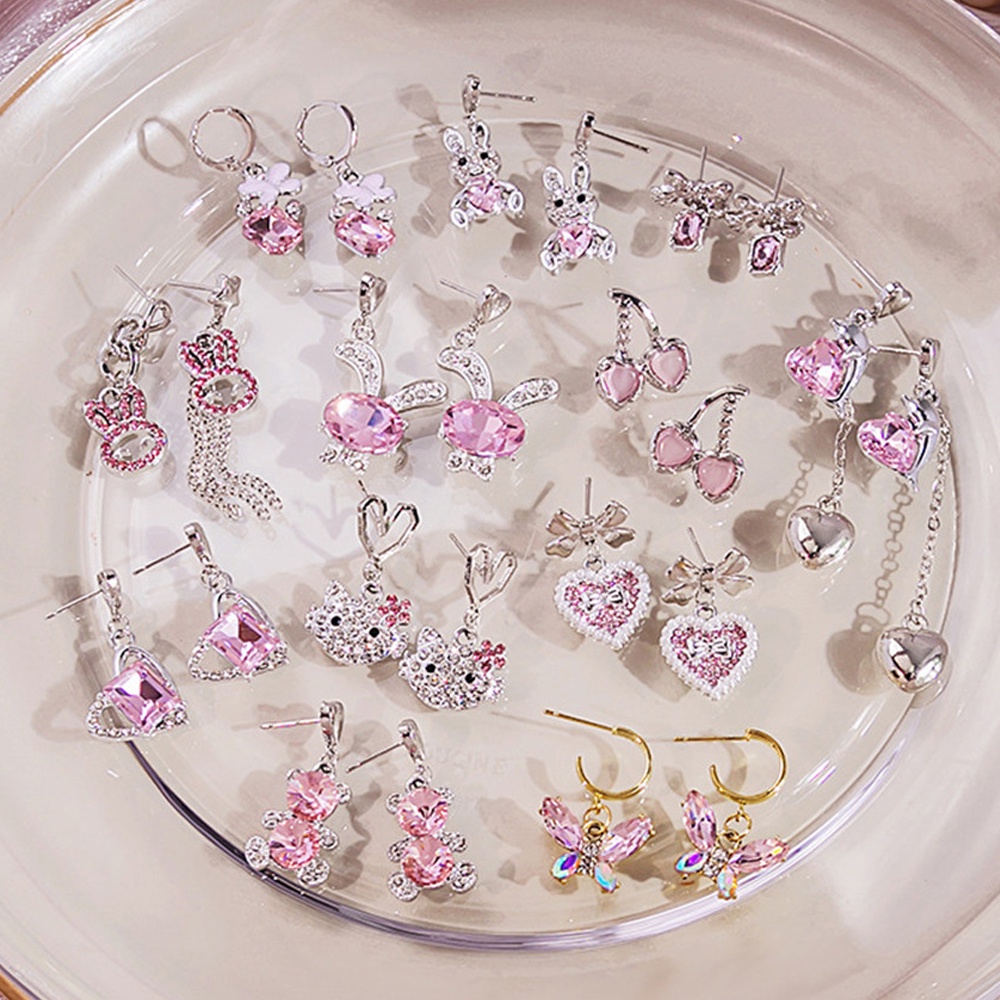 Pink Kelinci Dolphin Kartun Kucing Anting Jarum Perak Cinta Telinga Stud Set Dengan Berlian Anting-Anting Permen Perhiasan