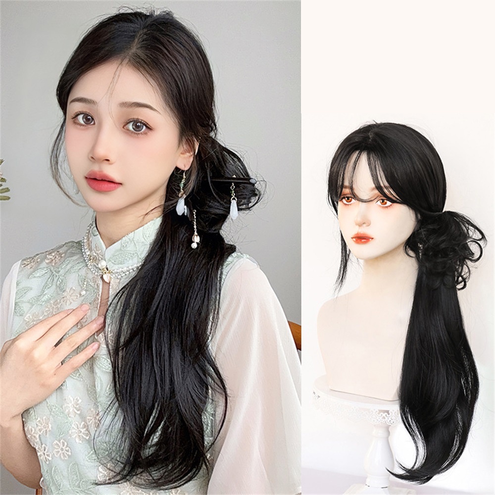 Wig Ponytail Wanita Gadis Gaya China Dengan Klip Menggenggam Simulasi Alami Ekstensi Rambut 43cm