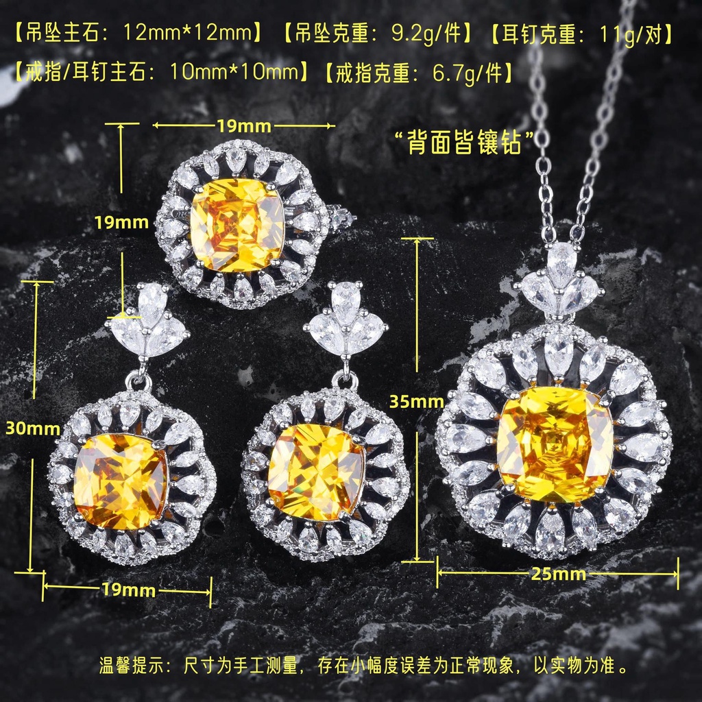 Goldkingdom Fashion Perhiasan Aksesoris Ready Stock Sterling Silver Mewah Batu Permata Berlian Kuning Kalung Wanita Liontin Stud Anting Cincin Set