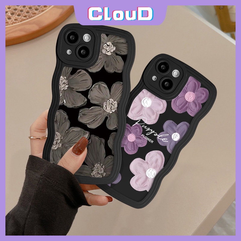 IPHONE Fashion Fresh Flower Case Kompatibel Untuk Iphone11 13 14 12 Pro Max XR X XS Max 8 6 14 6s 7 Plus SE 2020 Wavy Edge Tpu Soft Art Cat Minyak Hitam Ungu Floral Cover