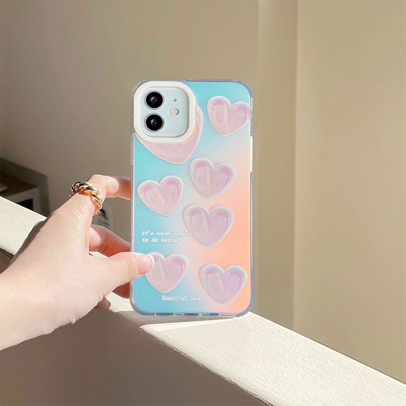 Compatible For IPhone 14 13 12 11 Pro Max X XR Xs Max 8 7 Plus SE 2020 Kompatibel Untuk Cinta Hati Yang Indah IMD Gradiasi Laser Casing Ponsel TPU Lembut Shockproof Cover Pelindung