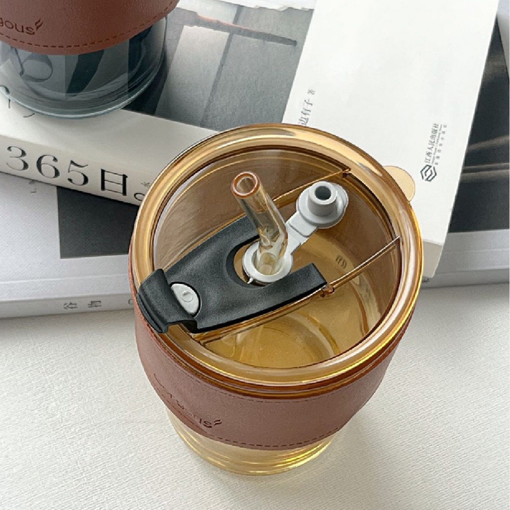 Gelas Kaca Bening/Coklat Estetik | Tumbler dengan Sedotan | Tahan Panas | Food Grade