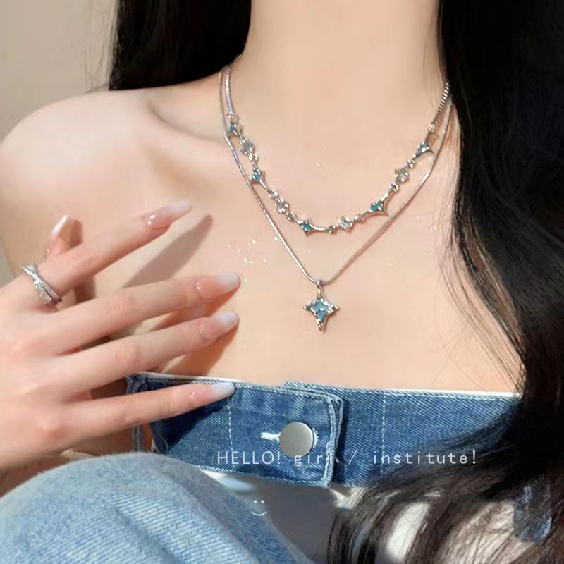 Kalung Bintang Double Layer Tumpuk Drip Glaze Perempuan ins Niche Temperamen Desain All-Match Rantai Klavikula Swe