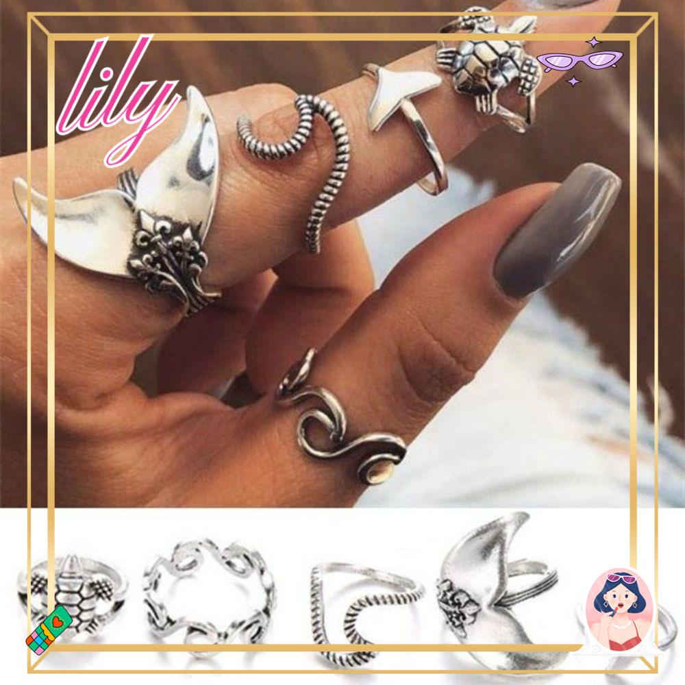 Lily 5PCS set Cincin set Perhiasan Gaya Boho Charm Ekor Ikan Paus