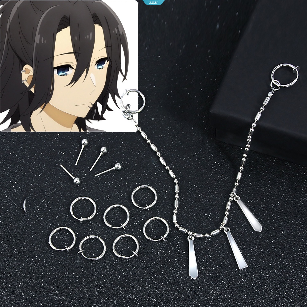 Anime Horimiya Miyamura Izumi Klip Telinga Bibir Rantai Anting Stainless Steel Punk Earrings Cosplay Prop Aksesoris [ZK]