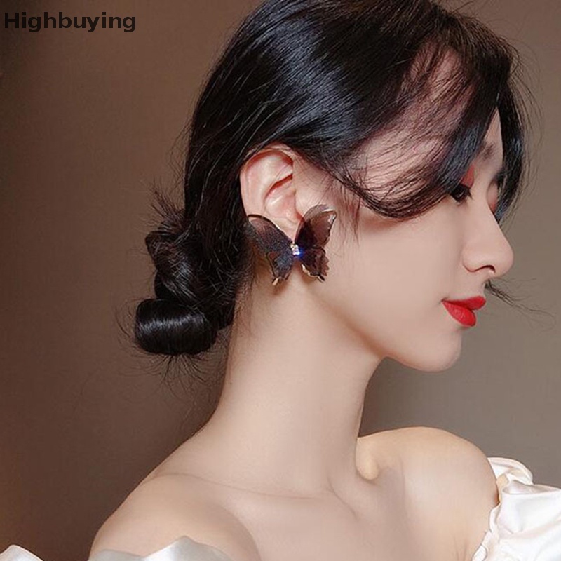 Hbid Anting Kupu-Kupu Jala Besar Romantis Tulle Hewan Hitam Putih Butterfly Stud Earrings Pesta Pernikahan Fashion Perhiasan Glory