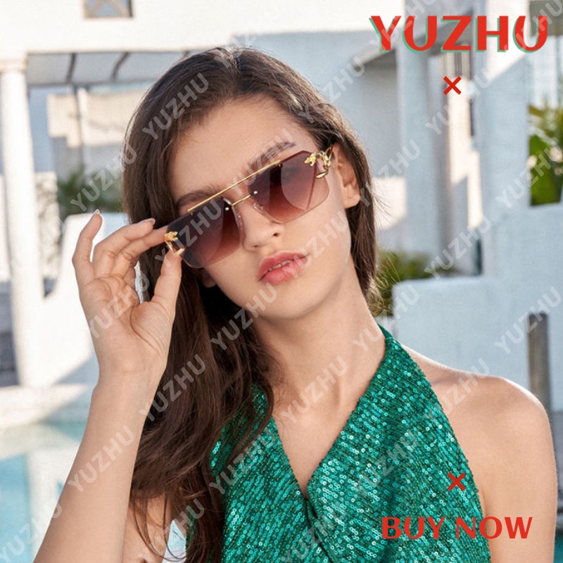 (YUZHU) Western Fashion Metal Sunglasses for Women New Fashion Double Beam Square Leopard Sunglasses Untuk Pria