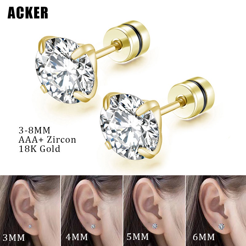 [ACKER] 3-8mm 1pasang 18K Gold Titanium Stainless Cubic Zirconia Diamond AAA+Anting Tusuk Zircon Untuk Wanita /Pria