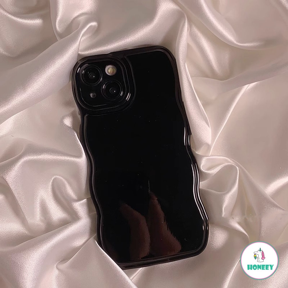 IPHONE Bingkai Gelombang Retro Hitam Pekat Glossy Untuk Apple14 Case Untuk Iphone11Tali Kupu-Kupu11 13 12 Pro Max Silikon Lembut Cover Pelindung