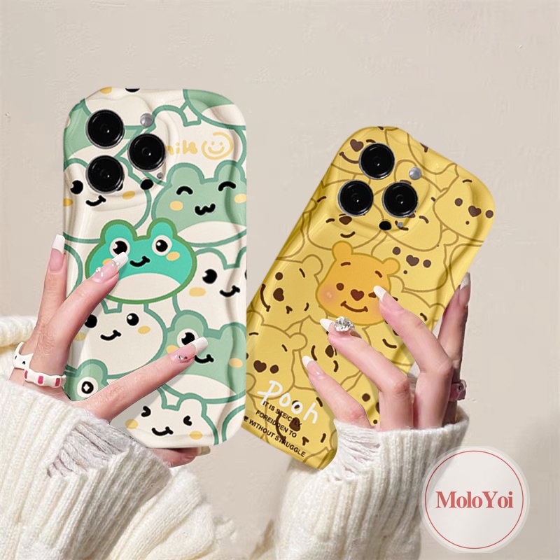 IPHONE Casing Glossy Tepi Melengkung Bergelombang 3D Kompatibel Untuk Iphone6 7 6S 8plus 11 Pro Max12 14 13 Pro MAX XR X XS MAX Cute Winnie the Pooch Kartun Kodok Airbag Pasangan Tahan Guncangan Soft Cover