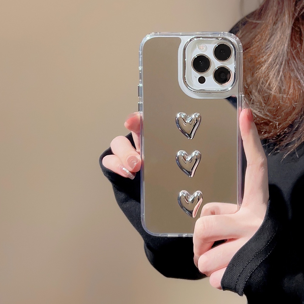 IPHONE Ins 3D Silver Hearts Plating Mirror Casing Transparan Untuk Iphone14 11 12 13 PRO MAX Casing Cover Pelindung AT0334