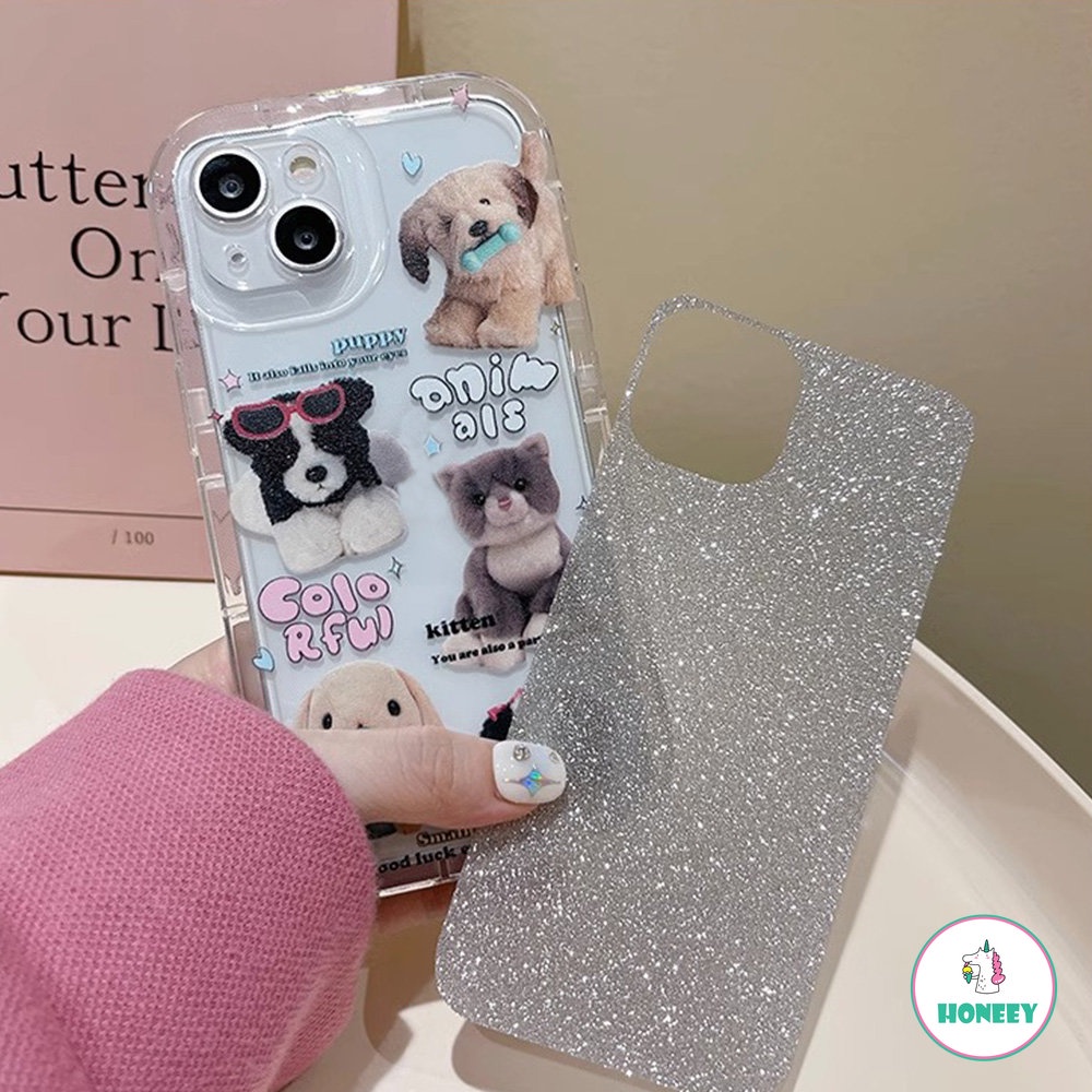 IPHONE Kawaii Plush Puppy Cat Rabbit Doll Casing Ponsel Bening Untuk Iphone14 13 12 11 Pro Max Kartun Lucu Dengan Penutup Ponsel Kartu Glitter