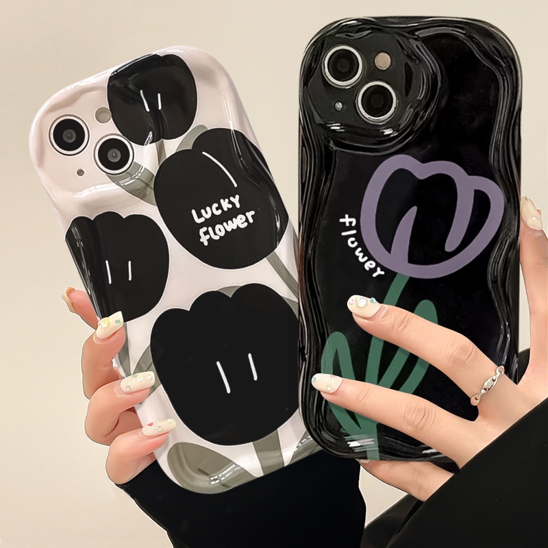 Ins Fashion Casing Bunga Tulip Keberuntungan Hitam Untuk Redmi9 10 9A A1 A2 9T 10A 9C NFC 10C Redmi Note12 11 10 8 9 11s 10s 10Pro 10 Pro Max Plus POCO M3 3D Tepi Bergelombang Lengkung Lembut Sarung