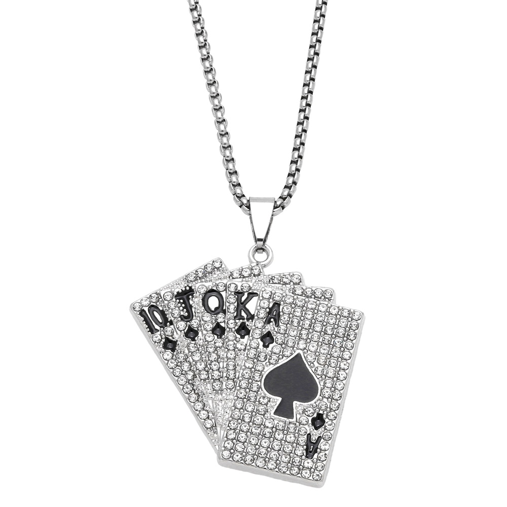 Pria Retro Warna Perak Poker Beruntung Ace of Spades Kalung Baja Titanium Panjang Punk Kalung Pernyataan Perhiasan