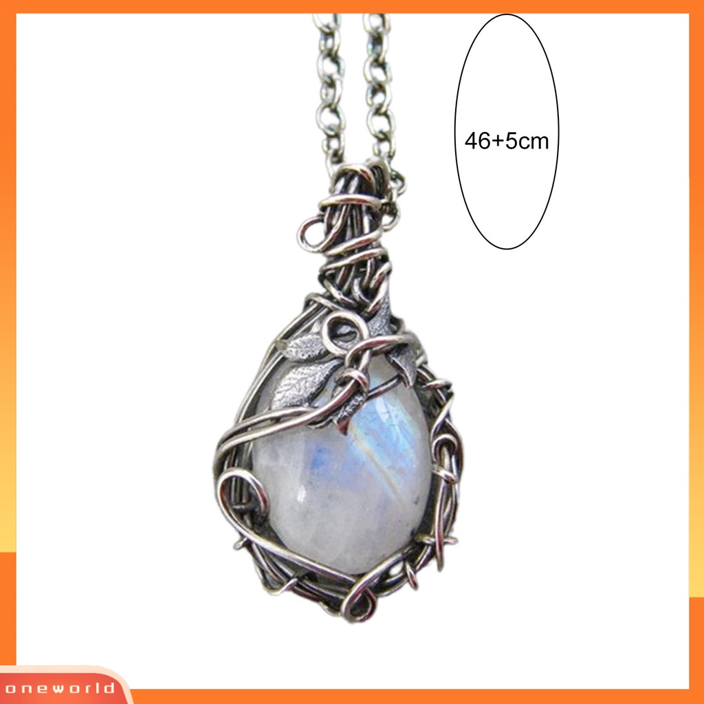 [ONE] Kalung Klavikula Rantai Ekstensi Motif Daun Pengerjaan Halus Faux Moonstone Pendant Charm Necklace Untuk Wanita