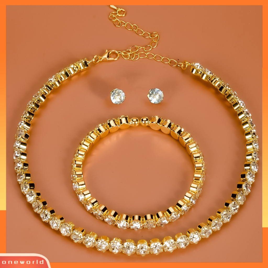 [ONE] 4pcs/set Perhiasan Jas Eye-catching Electroplating High Gloss Mewah Pengerjaan Indah Dekorasi Perempuan Berlian Imitasi Bersinar Anting Gelang Kalung Set Aksesori