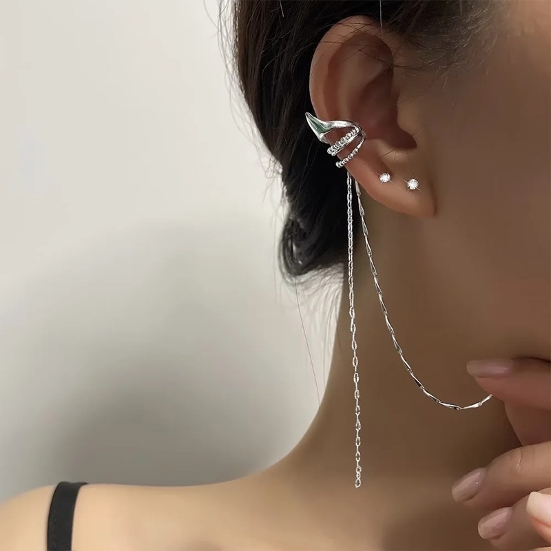 Klip Telinga Rumbai Rantai Panjang Sederhana/Anting Kait Rumbai Kupu-Kupu/Anting Drop Wanita Elegan/Anting Giwang Menjuntai/Aksesoris Perhiasan Telinga Minimalis Pesta Pernikahan