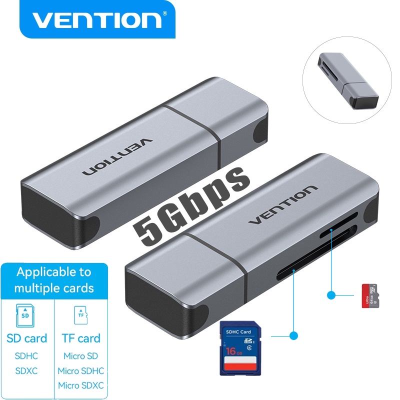 Vention USB-C Card Reader 3.0 512GB 5Gbps SD/TF Kartu Ganda Bahan Aluminium alloy Untuk Laptop Tablet Ponsel