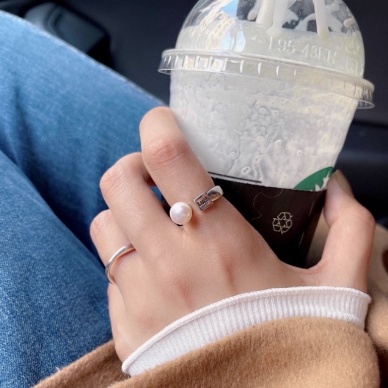 Papaozhu Chic Perak Keberuntungan Mutiara Chunky Cincin Untuk Wanita Gadis Korea Trendi Terbuka Rings Adjustable Fashion Jari Manset Perhiasan Hadiah