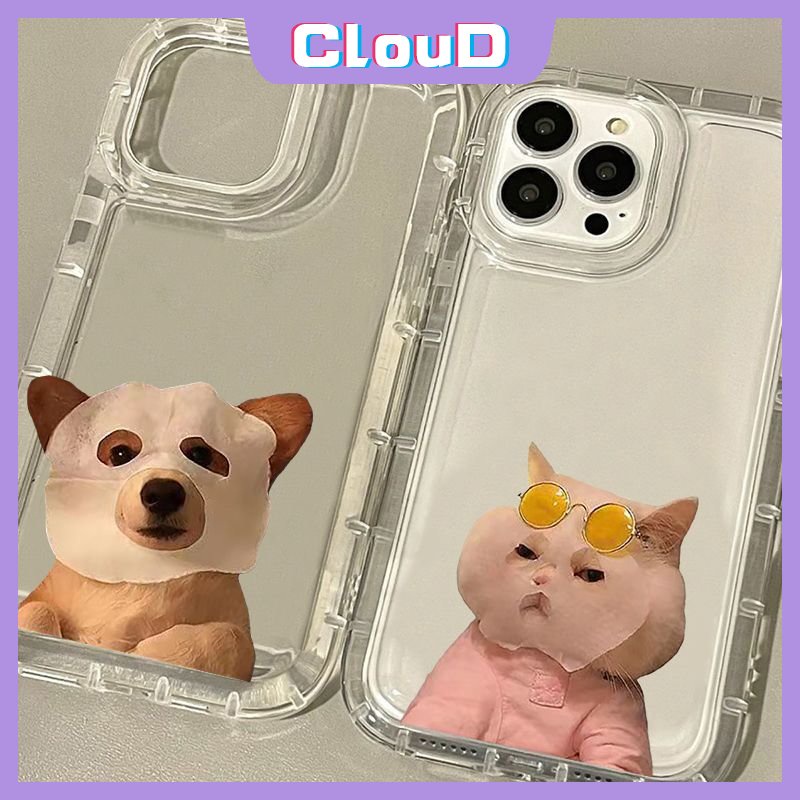 IPHONE Masker Lucu Cute Cat Dog Airbag Phone Case Kompatibel Untuk Iphone11 12 13 14 Pro MAX XR 8 7 6 6S Plus X XS MAX 7Plus SE 2020 Pasangan Shockproof Lembut Bening Kartun Penutup Belakang