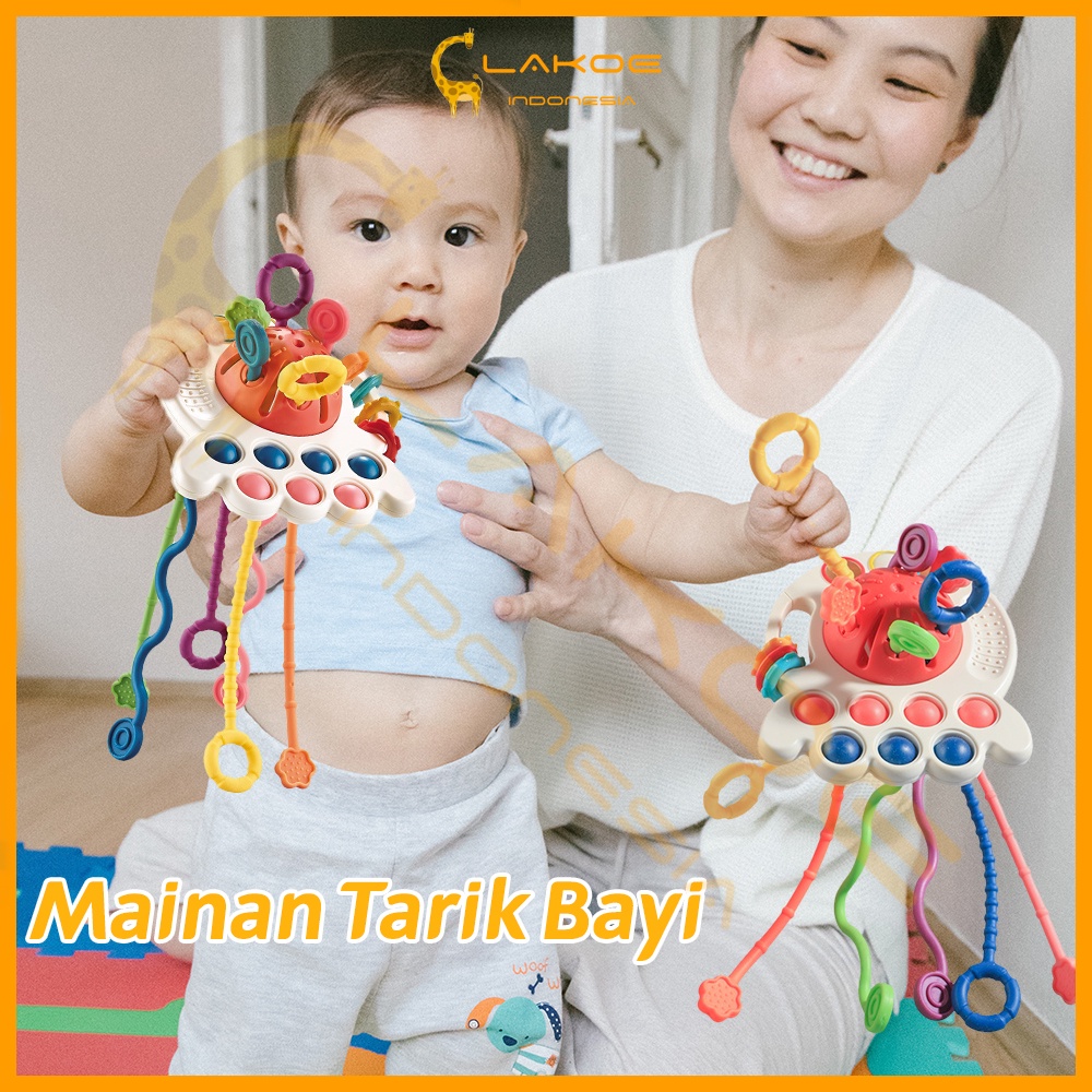 LAKOE Mainan Gigitan Bayi 4 in 1Pop It Teether Bayi Tarik Panjang Mainan Gigitan/Mainan Edukasi Bayi  Bahan Silikon bpa free