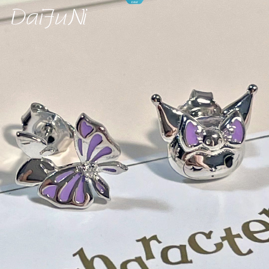 Sanrio Kuromi Warna Perak Kupu-Kupu Zirkon Studs Earrings Desain Tiga Dimensi Double Layer Wing Earrings Perhiasan Wanita [ZK]