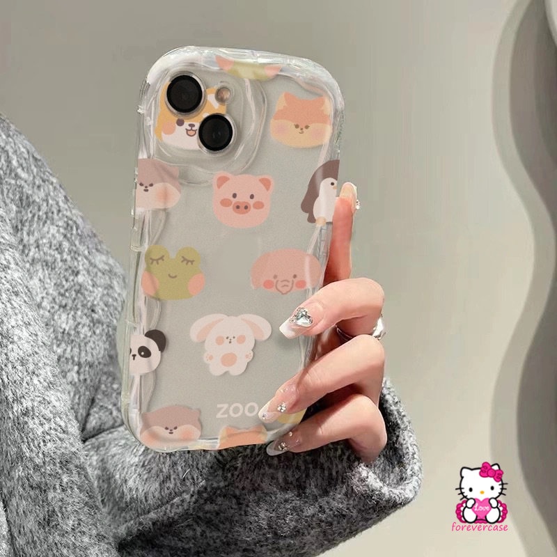 IPHONE 3d Wavy Curved Edge Soft Tpu Cute Bear Case Kompatibel Untuk Iphone11 13 12 14 Pro Max XR XS X Max8 7 Plus 6 6s Plus SE 2020kartun Friendly Animal Family Fun Head Cover