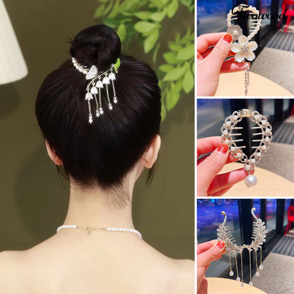 Twowood Ponytail Hair Clip Green Leaf Flower Jumbai Mutiara Imitasi Elegan Gaya Cina Aksesoris Rambut Berlian Imitasi Bertatahkan Wanita Hair Bun Claw Clip Pakaian Sehari-Hari