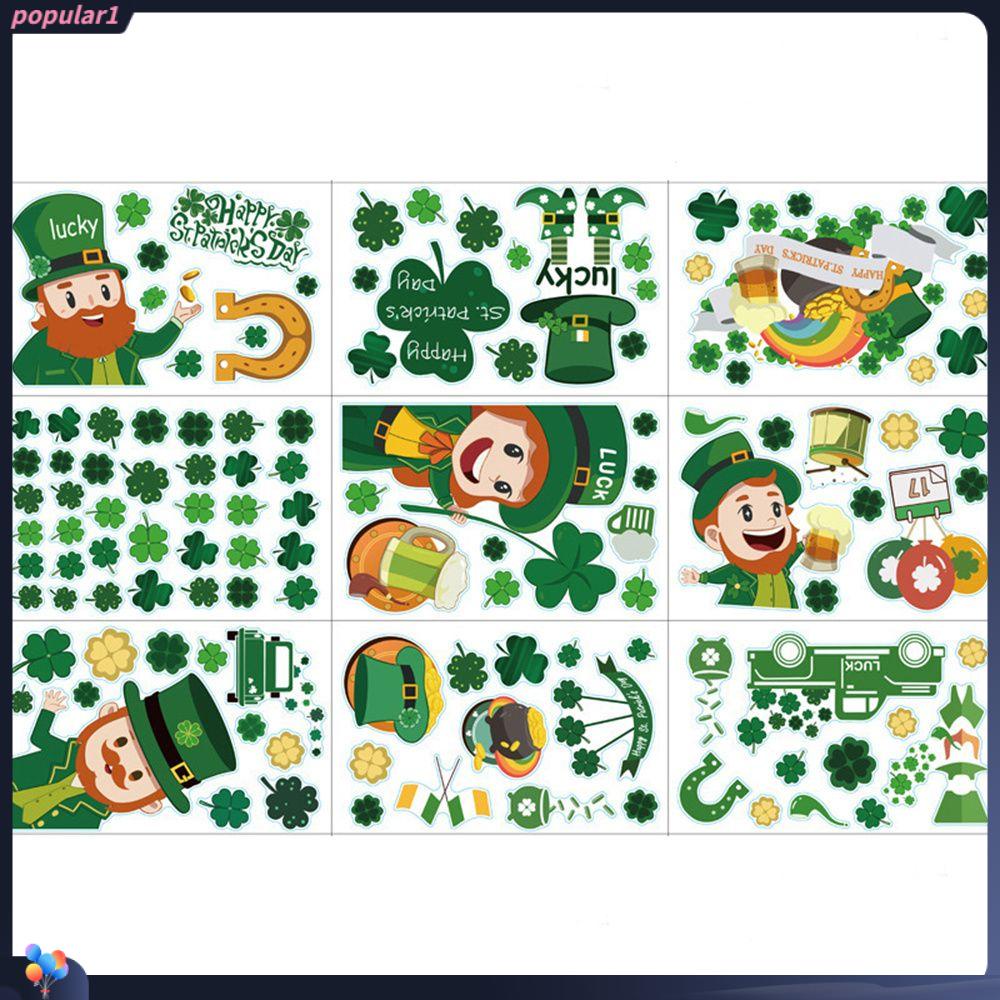 Populer St Patricks Day Dekorasi Rumah Statis Cling Lucky Green Clover PVC Stiker Dinding