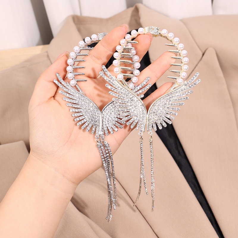 Elegan Indah Sayap Malaikat Imitasi Mutiara Rumbai Panjang Berlian Imitasi Rambut Cakar Klip Wanita Gadis Temperamen Manis Ponytail Bun Gesper Jepit Rambut Aksesoris Rambut