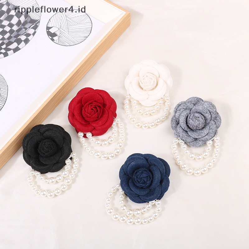 {rippleflower4.id} Kain Korea Camellia Bunga Bros Pin Mutiara Rumbai Korsase Fashion Perhiasan Bros Untuk Wanita Kemeja Kerah Aksesoris Kain Korsase Pin Hadiah~