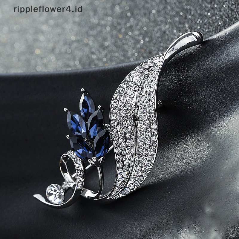 {rippleflower4.id} Bros Zirkon Biru Putih Wanita Trendi Pesona Perhiasan Warna Emas Perak Brooche~