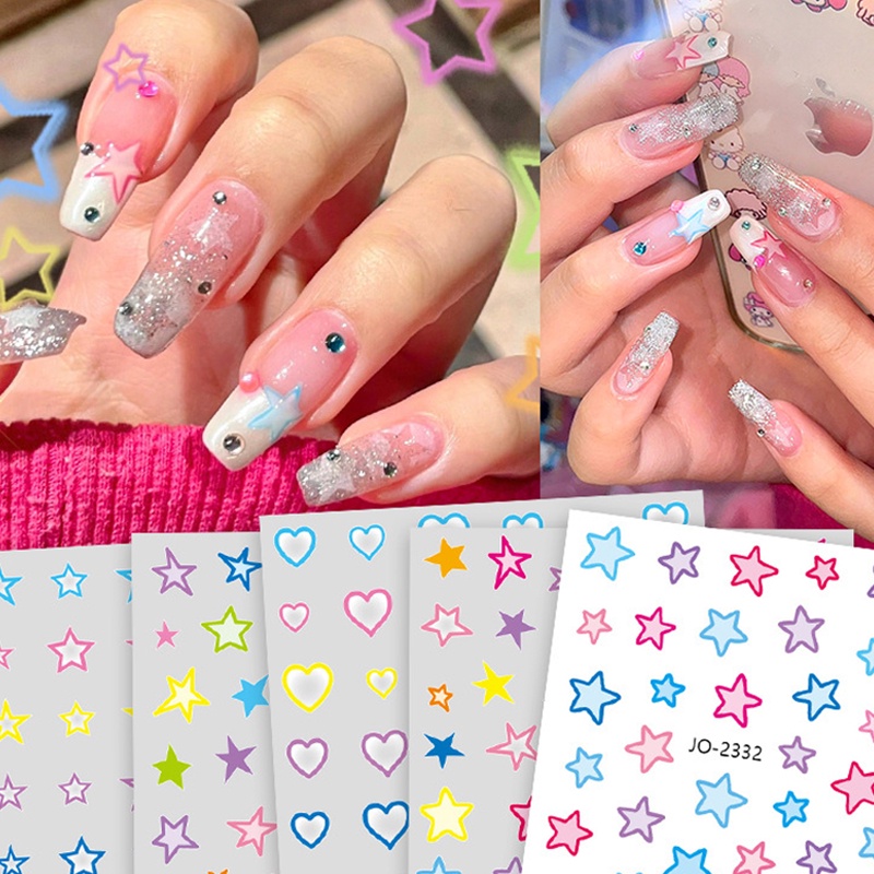 Creative Nail Art Stickers Seri Bintang Cinta Warna-Warni Gadis Hias DIY Stiker Kuku