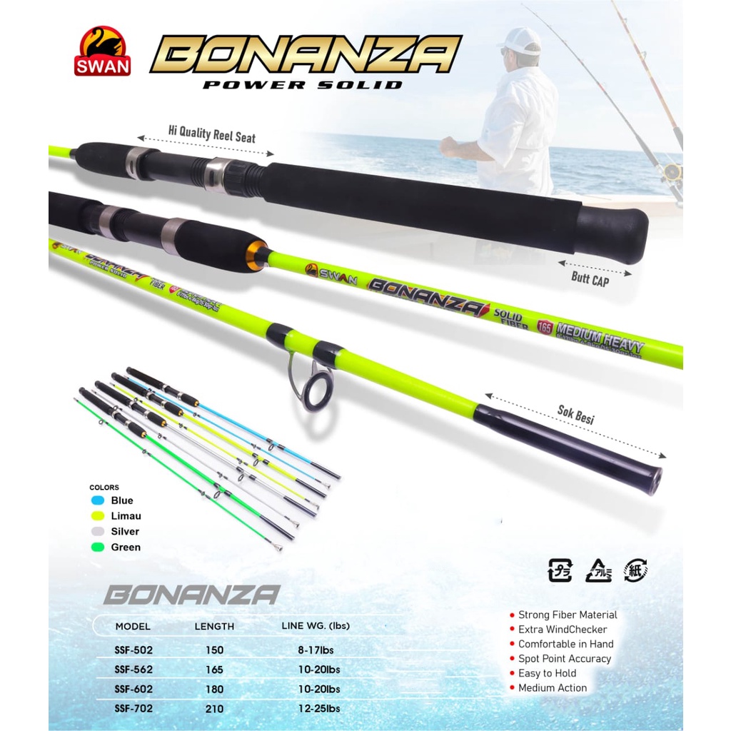 Joran Pancing Swan Bonanza 150cm - 210cm Power Solid (8-17lbs) Gagang Panjang Kuat - Engkus Fishing