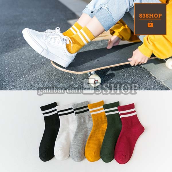 Kaos Kaki Retro Garis Putih Daily Socks Kasual Pria Wanita Korea Style