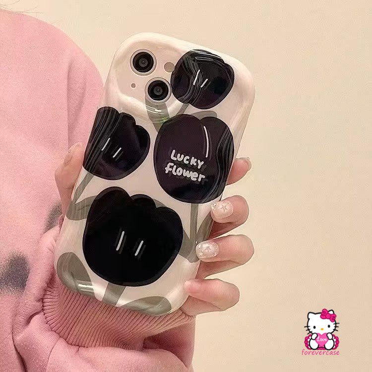 Fashion Bunga Tulip Case Untuk Realme C53 C55 C31 C33 C30 C21Y C17 C25s C25Y C15 C35 C3 C25 C12 C11 C20 C21 7i 6i 5 9i 5i 5s 3D Wavy Curved Edge Black Retro Lucky Flower Soft Cover