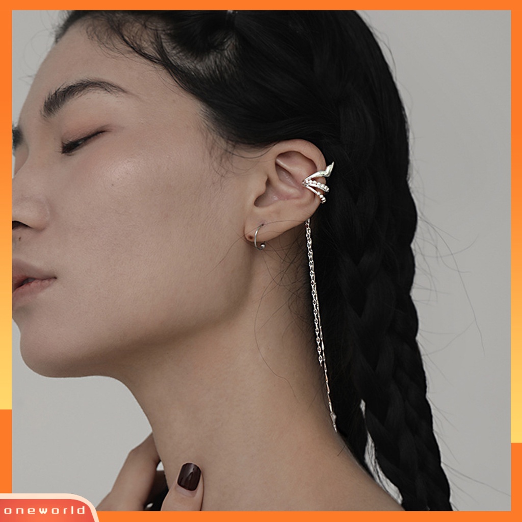 [WOD] 1pc Wanita Klip Anting Bentuk Elf Plating Geometris Rumbai Panjang Gothic Fringe Ear Clip Untuk Telinga Kanan