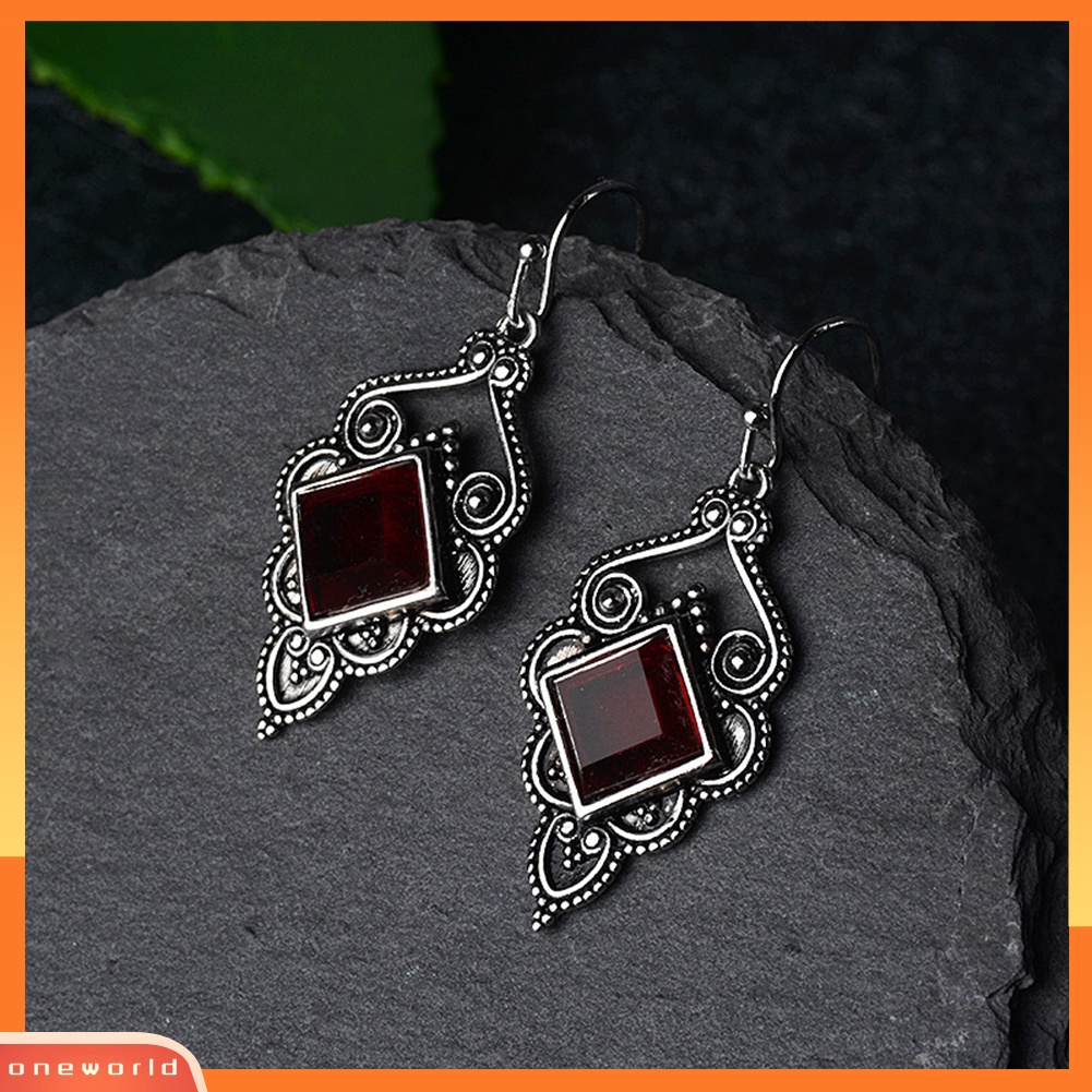 [WOD] Vintage Wanita Faux Ruby Hias Geometris Menjuntai Drop Hook Anting Perhiasan Hadiah