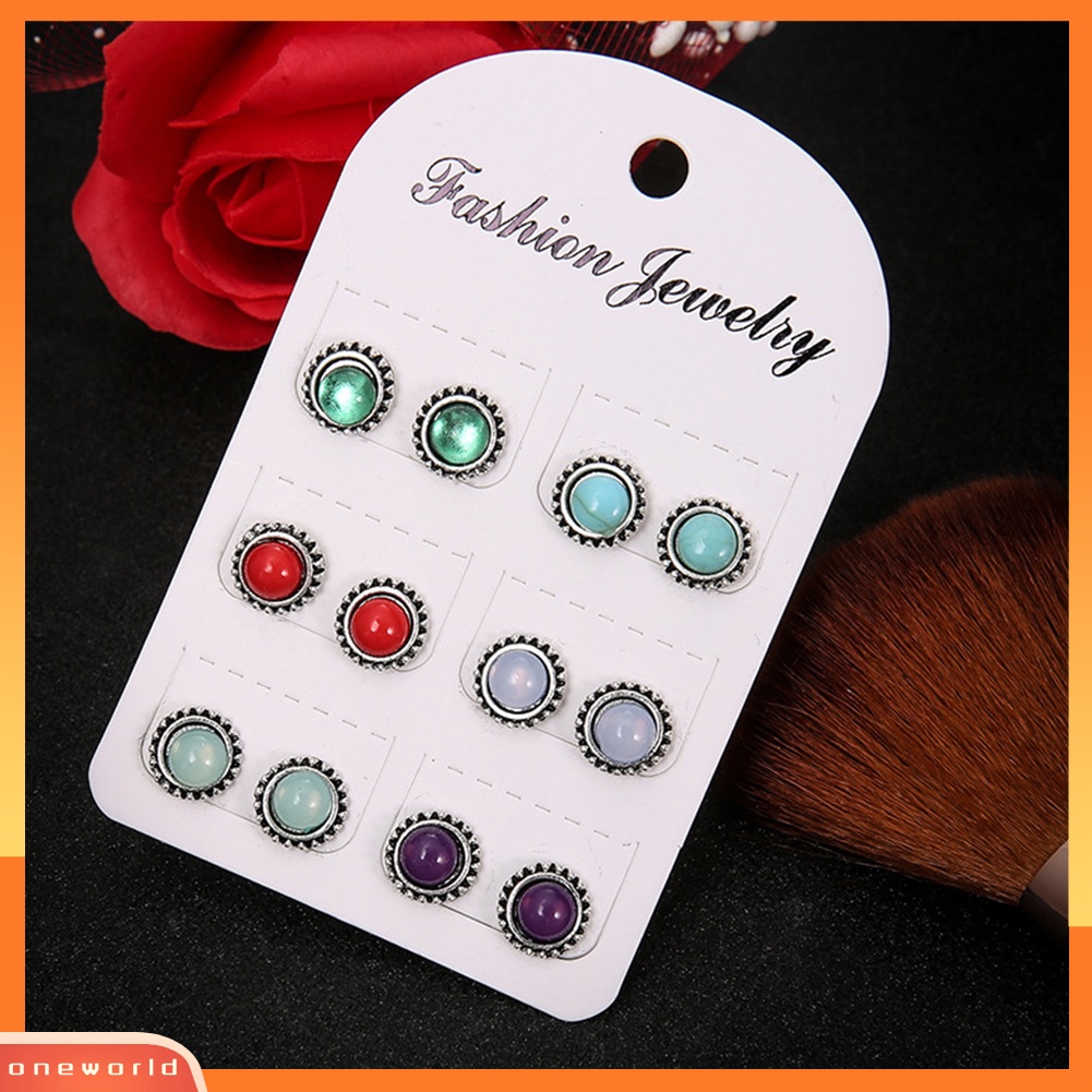 [WOD] 6pasang Wanita Vintage Faux Gemstone Round Ear Stud Earrings Pesta Perhiasan Hadiah